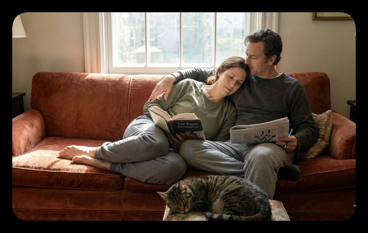 Couple cuddling on couch, woman reads 'The Paper Menagerie', man does crossword, cat sleeps nearby, embodying interpersonal neurobiology.