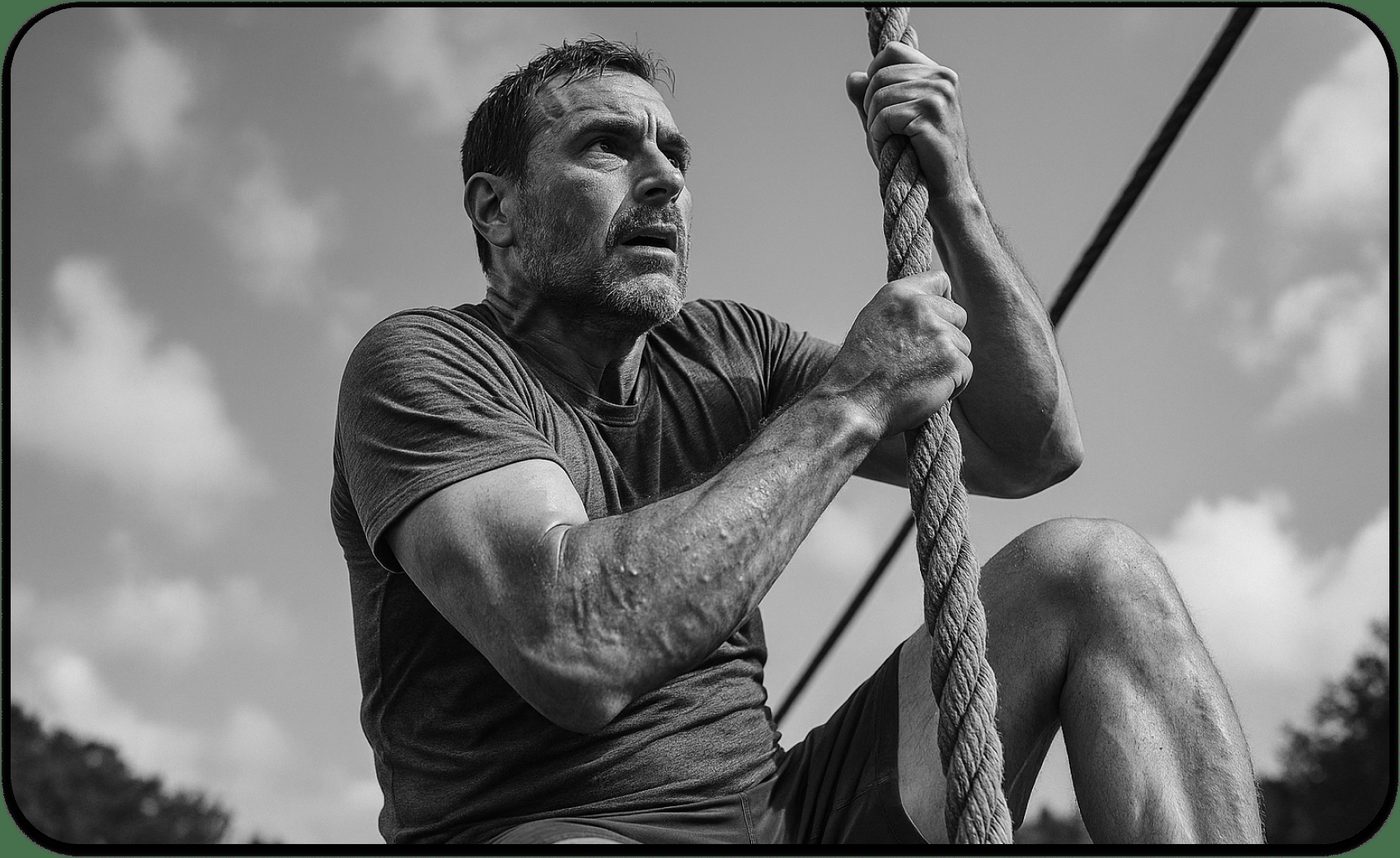 A man with a determined expression climbs a thick rope outdoors, his shirt soaked with sweat; the black and white photo emphasizes his effort and focus—a powerful nod to mens mental health against a blurred sky.