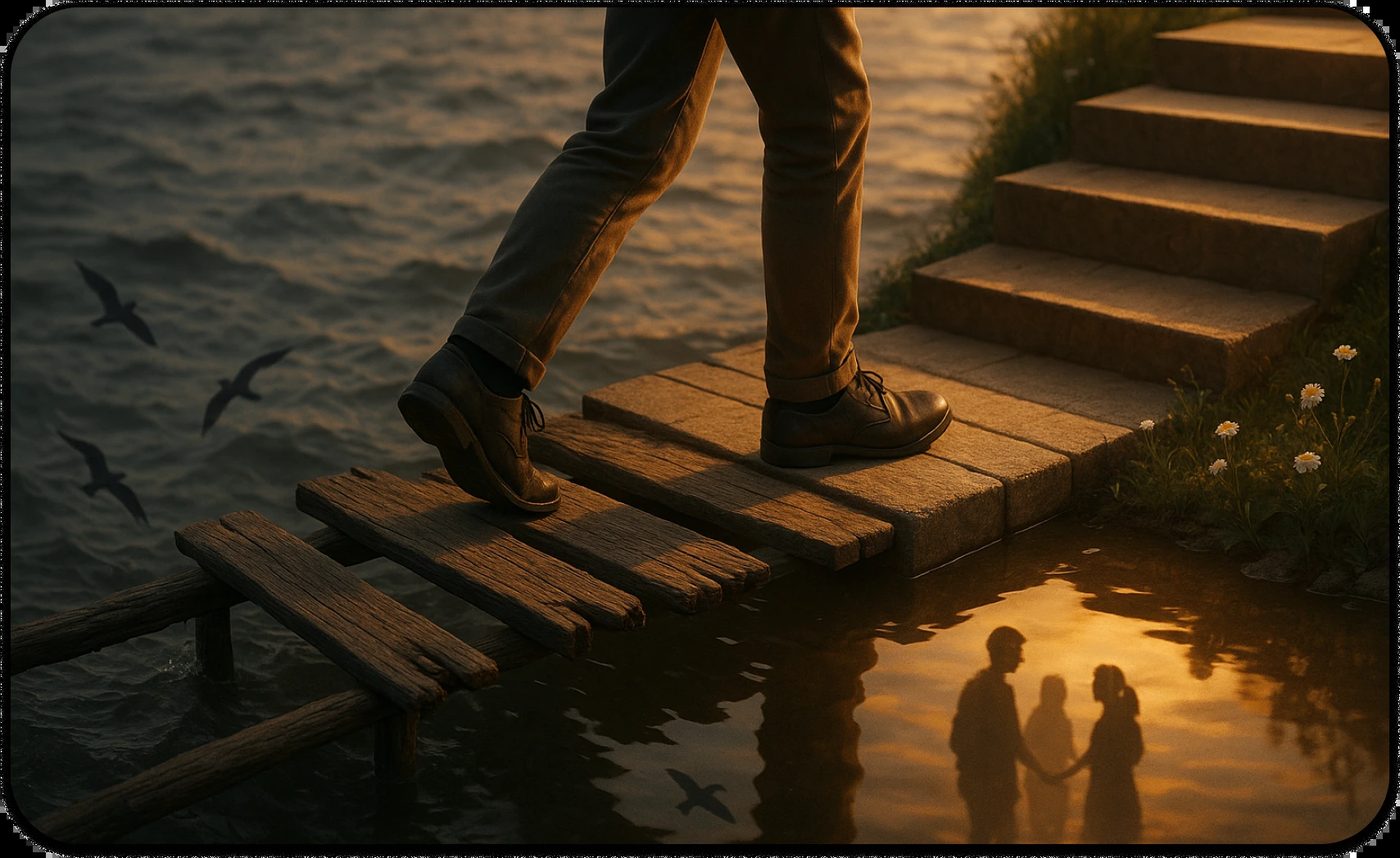 Person walking across transformational bridge from anxiety to confidence, representing the CBT journey for people with ASD Level 1 and social anxiety