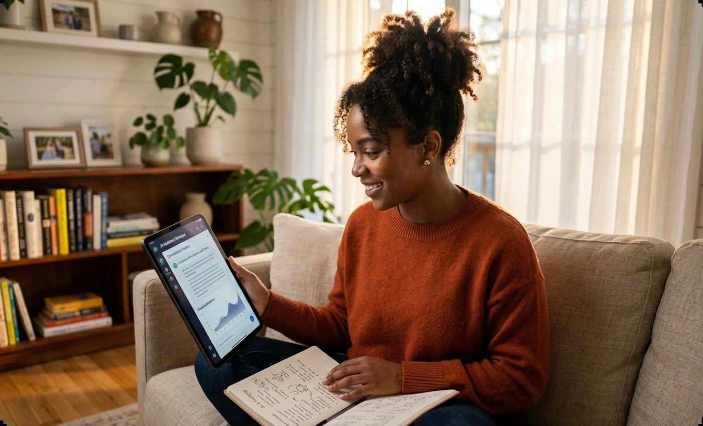 Confident woman learning AI tools at her desk, overcoming AI anxiety in the workplace
