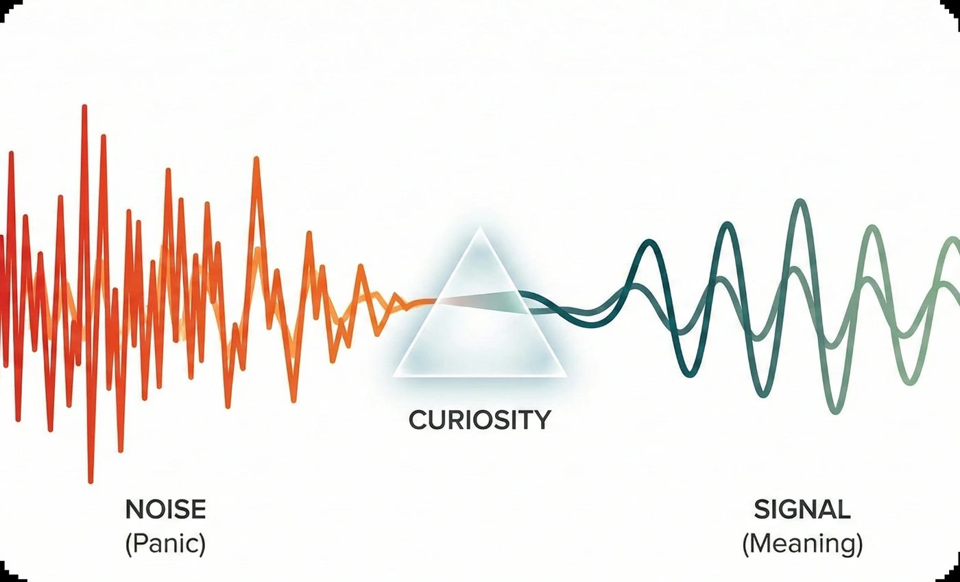 Illustration showing chaotic red noise (panic/anxiety) passing through a curiosity prism to become clear green signal (meaning).