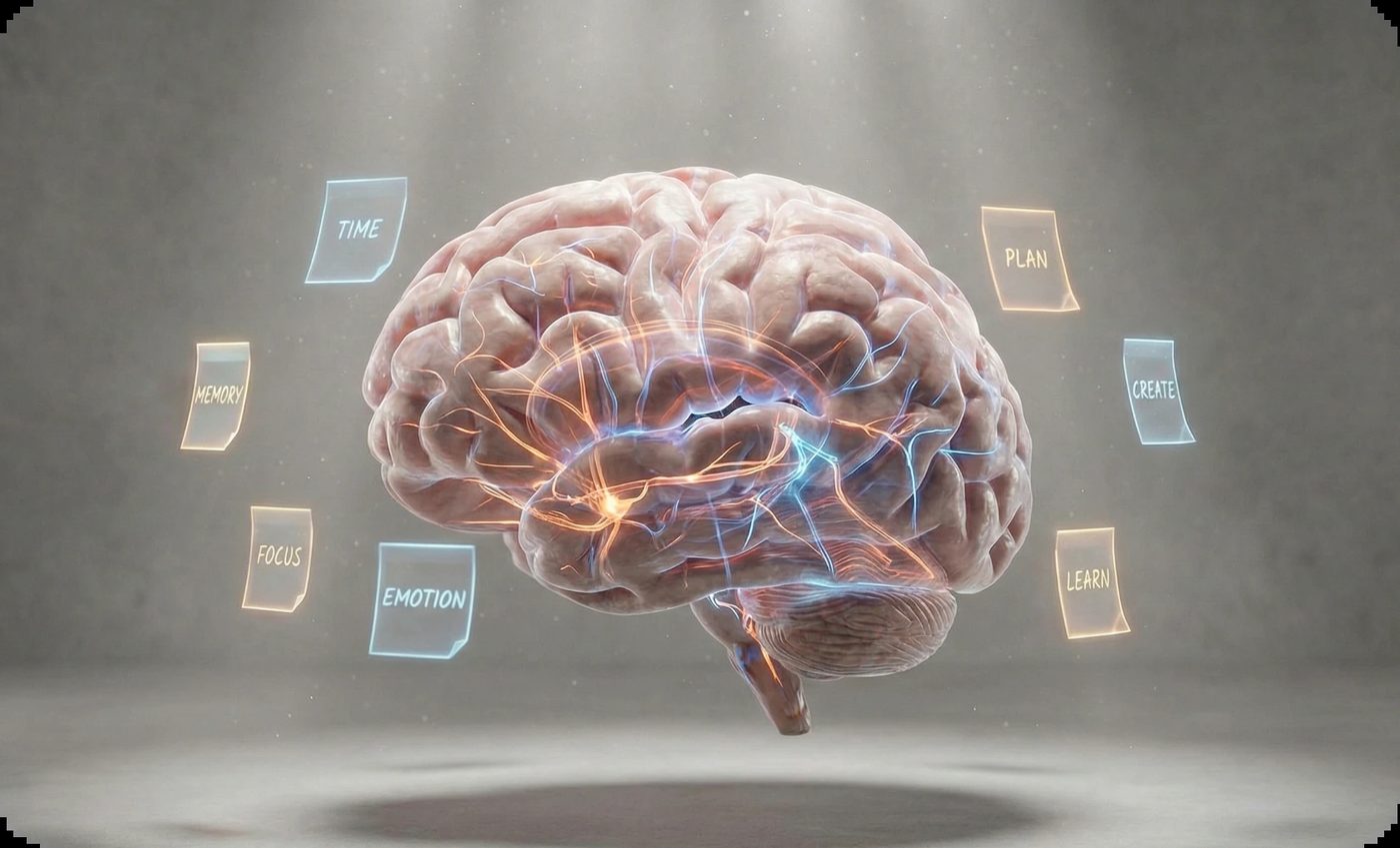 3D brain rendering with glowing neural pathways and floating notes for memory, focus, emotion, crucial for understanding ADHD in therapy.