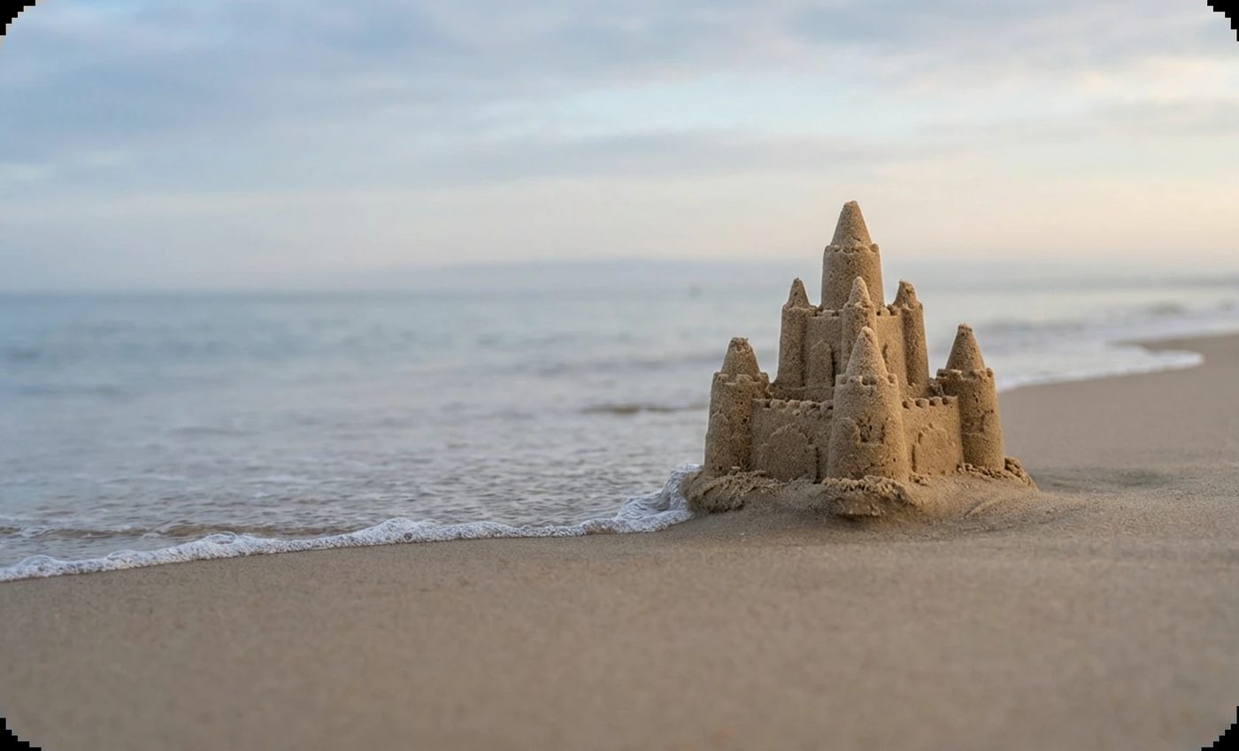 Sandcastle by the bridge. The building of the sandcastle represents potential that can be built, and this represents a partner's potential that can be traced back to a strong foundation.