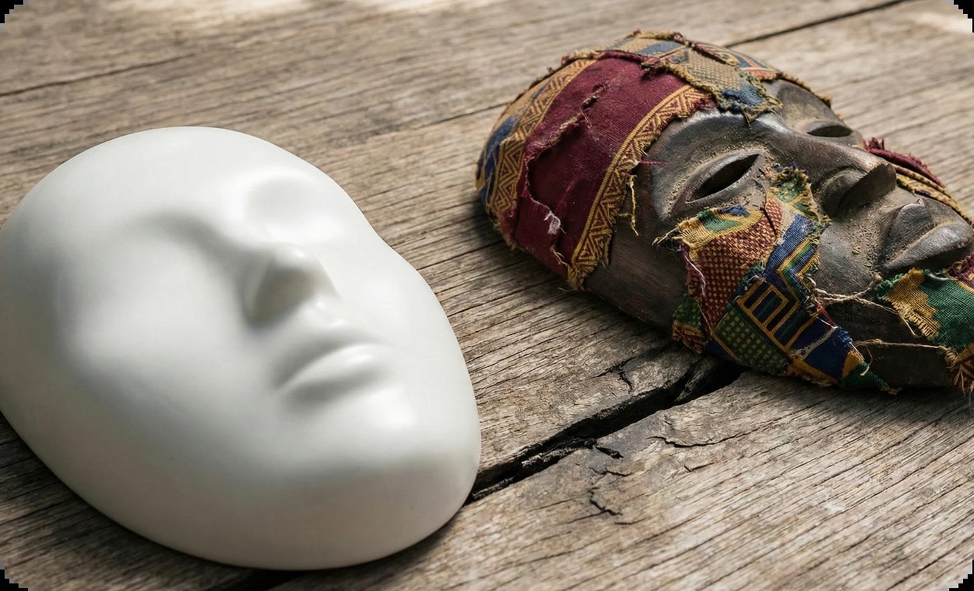 A plain white mask and a detailed African tribal mask with colorful fabric on rustic wood, symbolizing identity and black mental health.