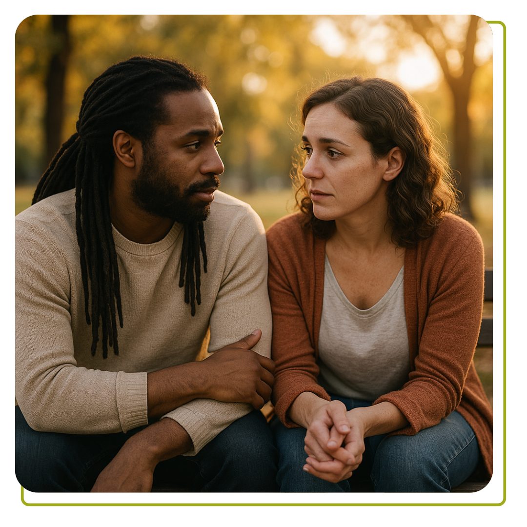 A realistic, emotionally warm photograph-style image of a diverse couple sitting closely on a park bench, engaged in deep, heartfelt conversation. They appear connected and peaceful, reflecting mutual respect and understanding. The background is softly blurred with golden-hour sunlight filtering through trees, symbolizing clarity and growth. The expressions should convey vulnerability and support, not perfection—natural skin textures, casual clothes, and no overediting. This should feel authentic, capturing the emotional intimacy and mindfulness discussed in the blog. Horizontal orientation, high resolution.