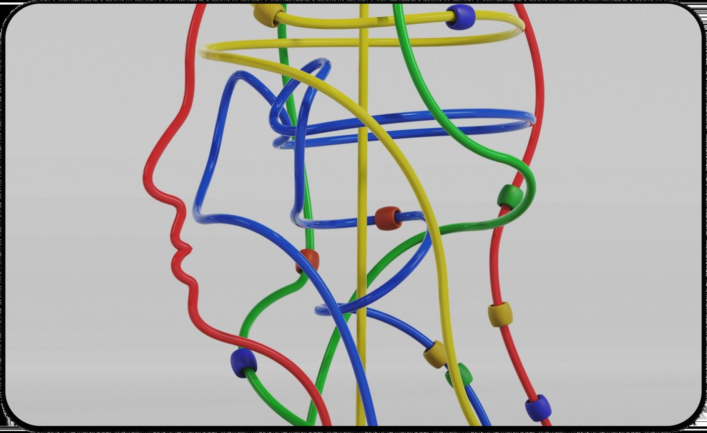 Wire outline of a human head with colorful pathways, symbolizing healing through trauma therapy.