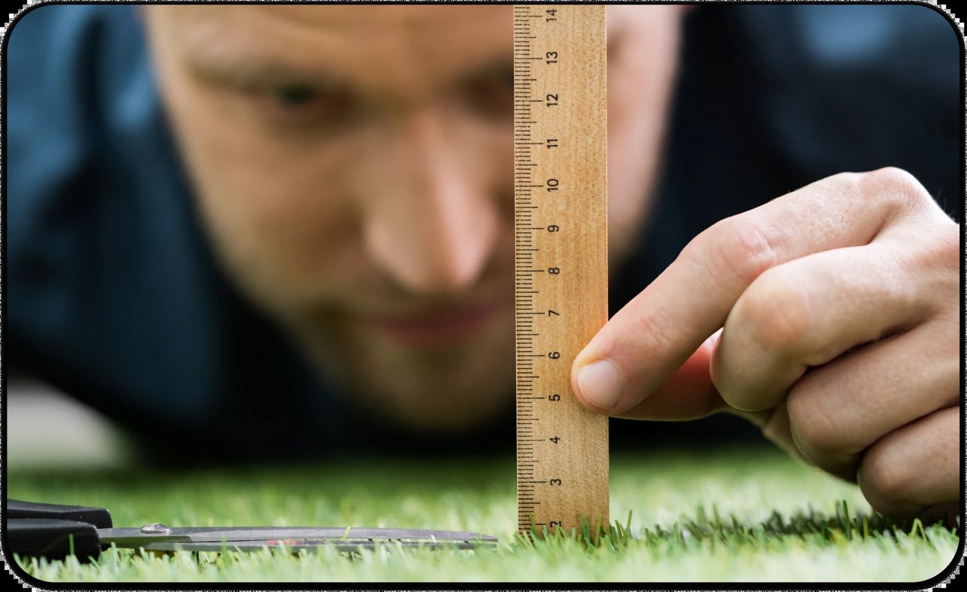 Man measuring individual blades of grass with a ruler, symbolizing Perfectionism and Childhood Trauma.