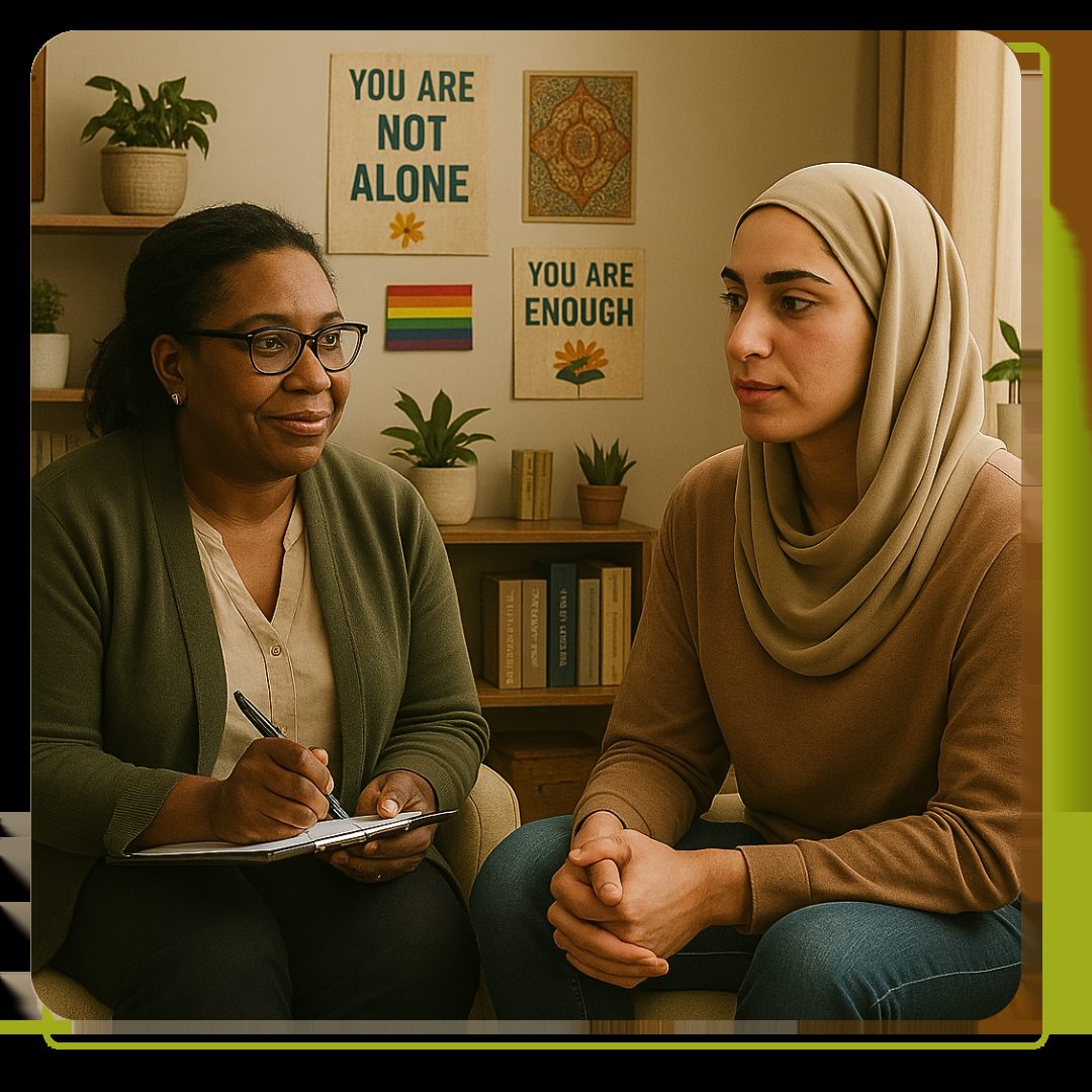 Image of a warm, inclusive therapy session. The therapist is a middle-aged Black woman wearing glasses, seated across from a young client — a trans woman wearing a hijab, looking relaxed but thoughtful. The office is softly lit with natural light from a window, plants on the shelves, and books about culture and mental health in the background. There are subtle signs of diversity — a small rainbow flag, cultural art, and multi-language posters on the wall. The mood is calm, safe, and validating, showing trust and cultural respect in therapy.