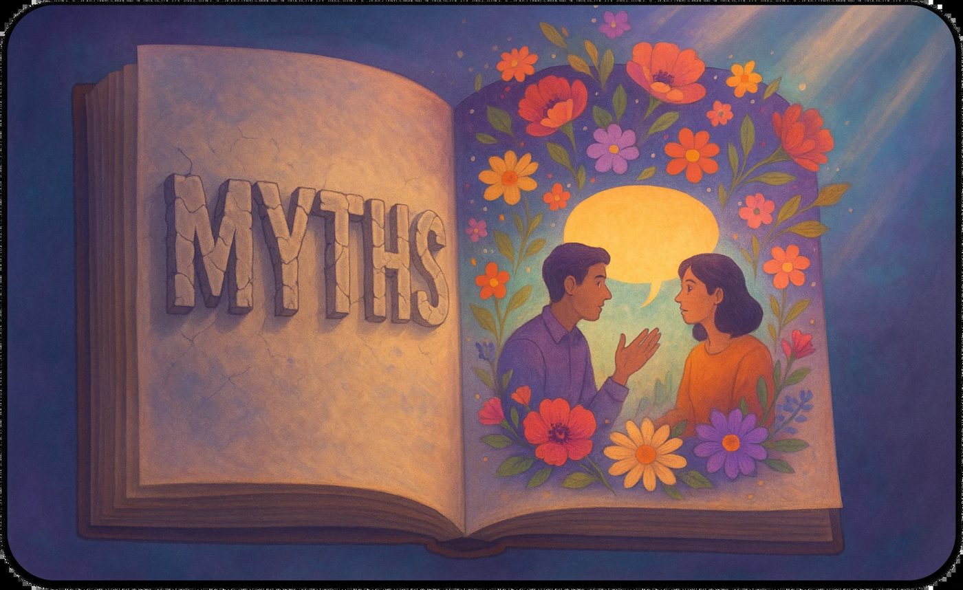 Illustrated book showing myths and a couple in conversation, symbolizing healing through abandonment wounds therapy.