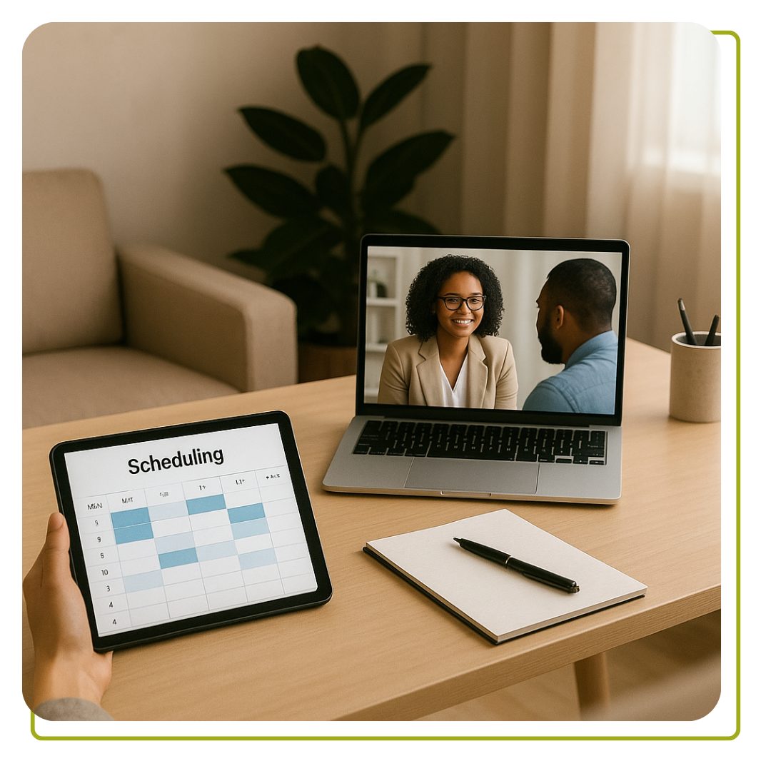 A modern therapy office with digital tools in use—telehealth on a laptop, a scheduling app open on a tablet, and a calming, professional atmosphere. Include diverse therapists and clients interacting through screens. Soft natural lighting, minimalistic decor, and a serene, trustworthy vibe. Ideal for a blog about technology in therapy