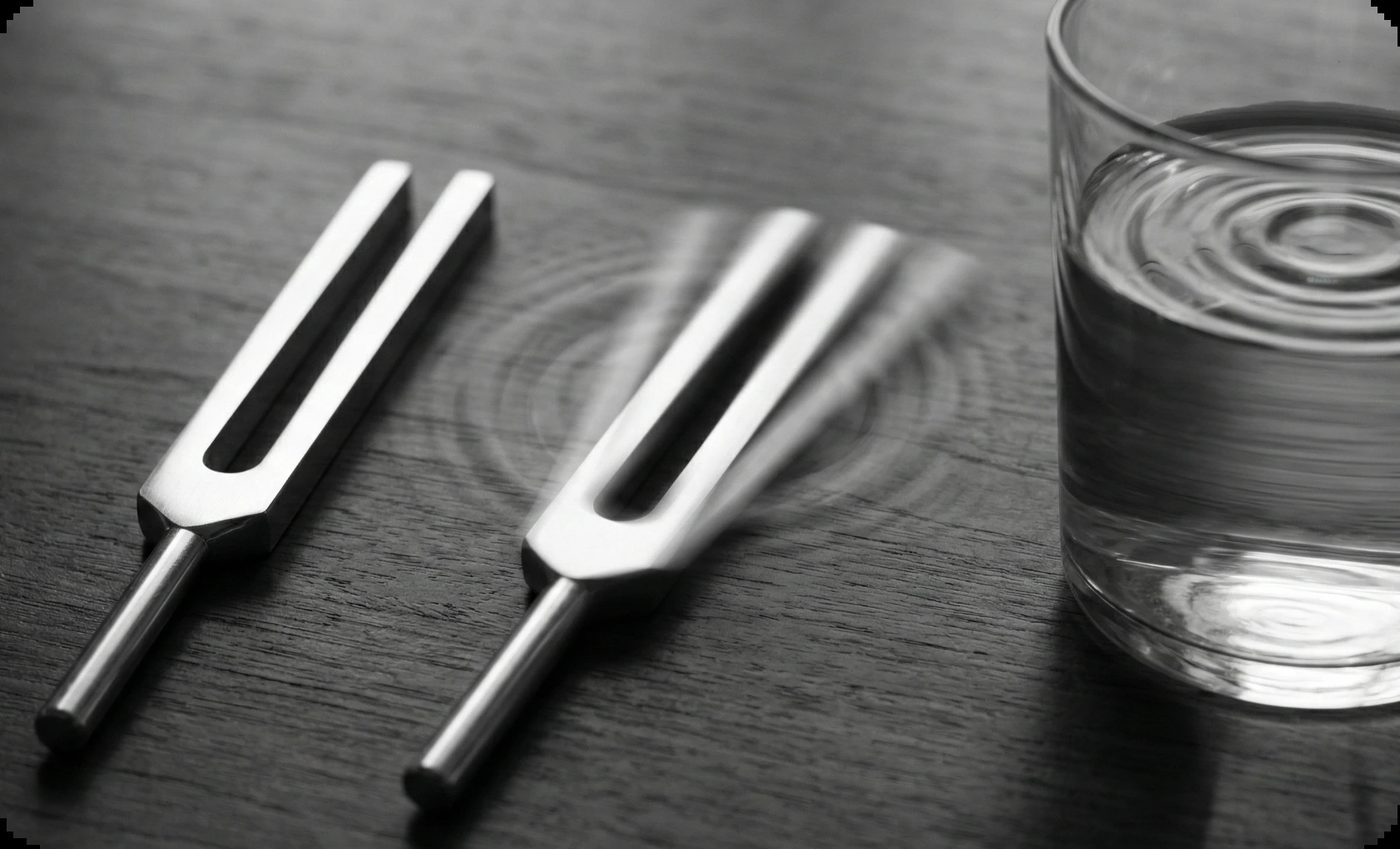 Vibrating tuning fork makes ripples in water and a glass, symbolizing how self-doubt affects relationships.