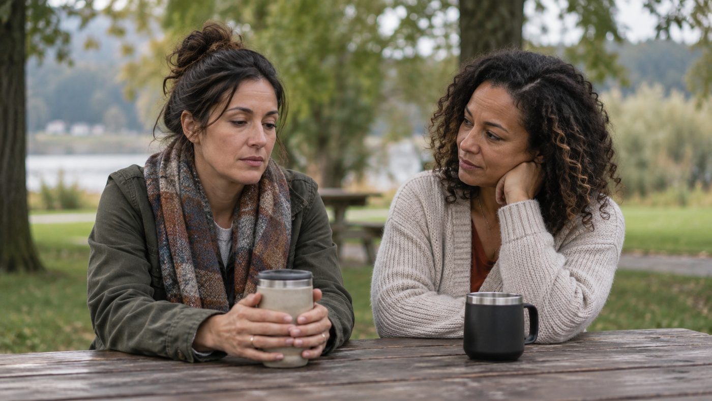 A woman listens supportively as her friend talks at a park table.