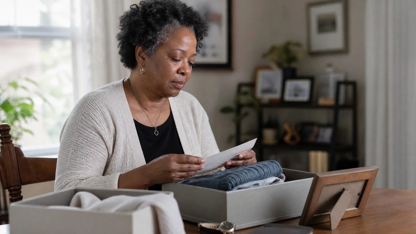 A person looking through memory keepsakes and a framed photo for an article about learning how to grieve.
