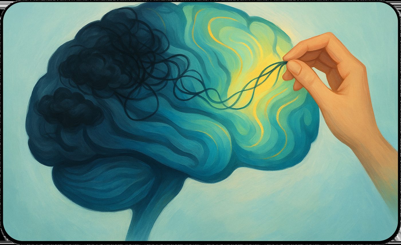 Illustration of a brain with dark cloud and hand untangling thread, showing recovery through trauma therapy.