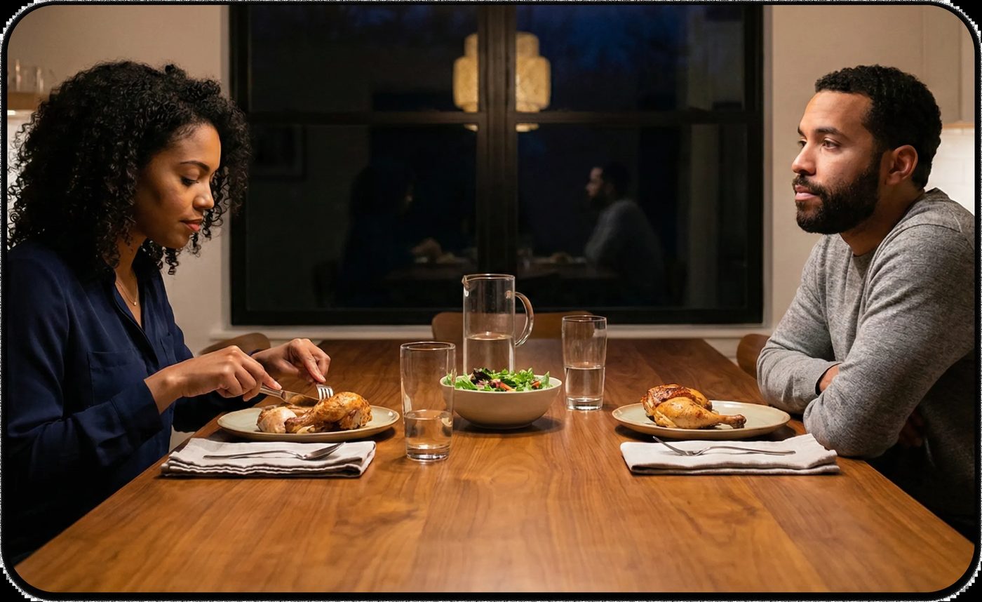 A couple sits silently across from each other at the dinner table, showing emotional distance and feeling lonely in a relationship even while sharing daily routines.