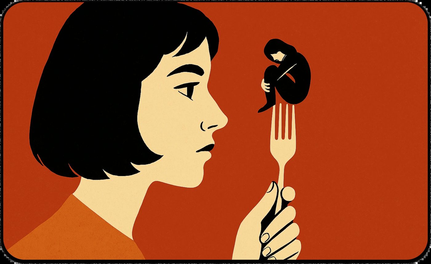 eating disorder myth illustrated in a poster with a girl holding herself with a fork