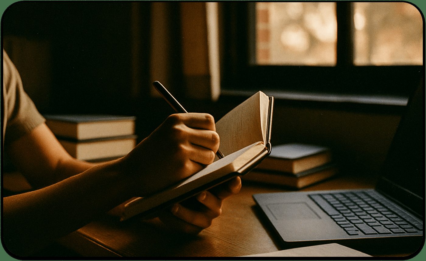 A person writes in a notebook at a wooden desk near a window, with a laptop and several stacked books nearby, capturing emotions in college. Warm light streams in, creating a cozy, focused atmosphere.