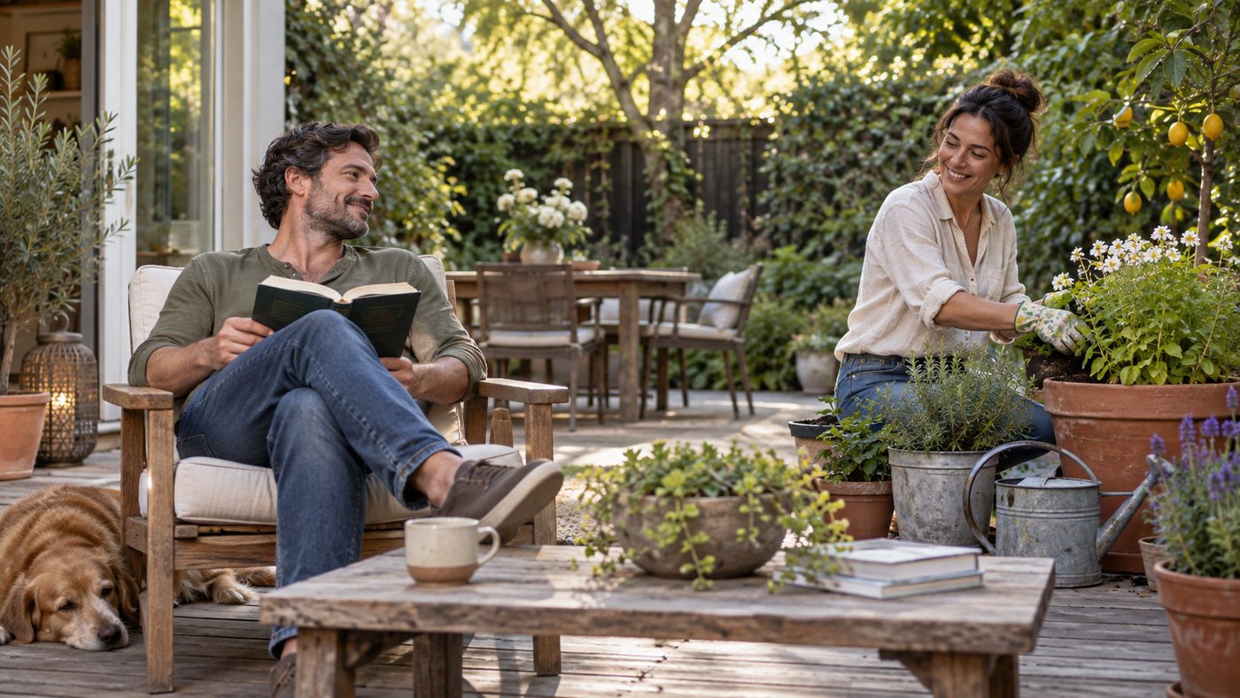 One partner reads while the other tends plants nearby, sharing a smile.