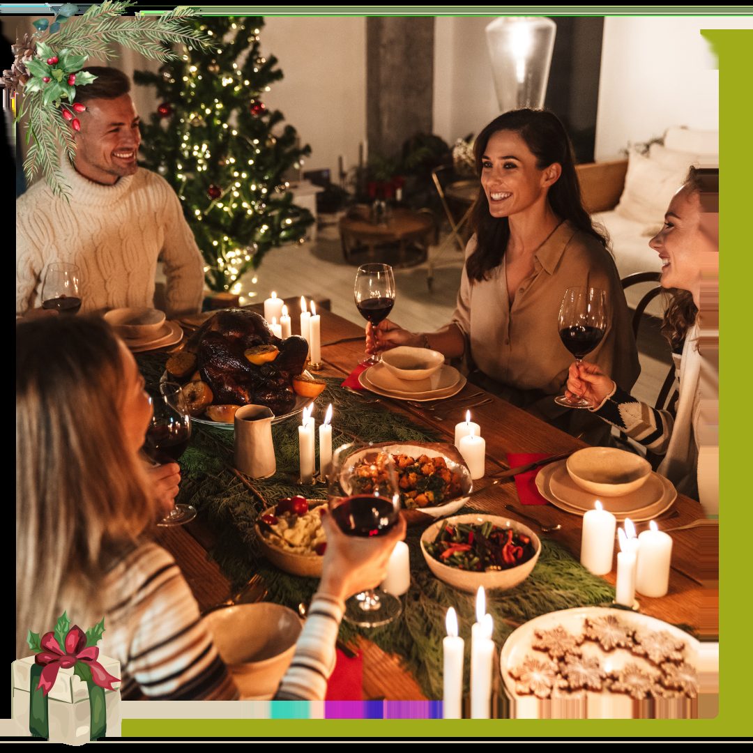 4 friends having Christmas Dinner with Turkey