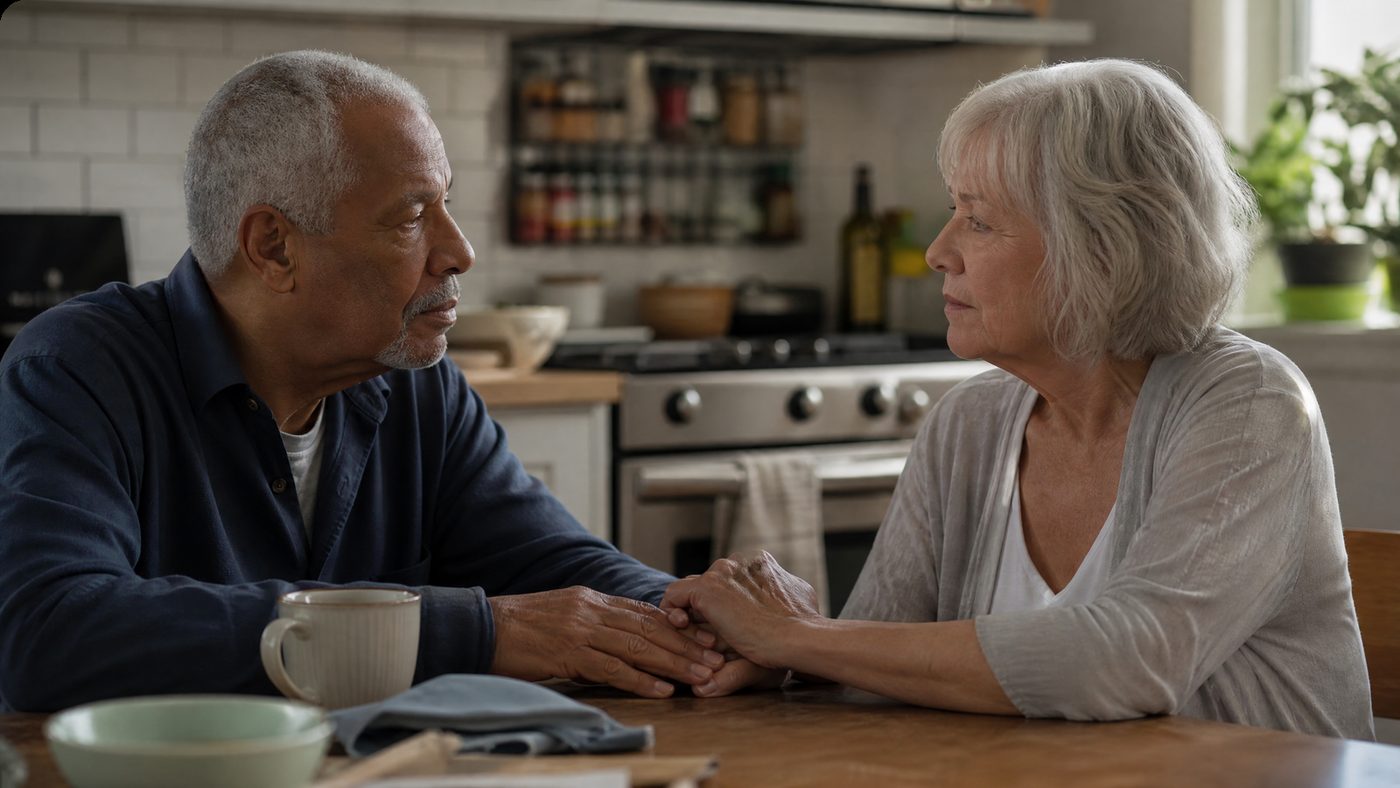 Older couple holding hands at a kitchen table, representing couples therapy after 70