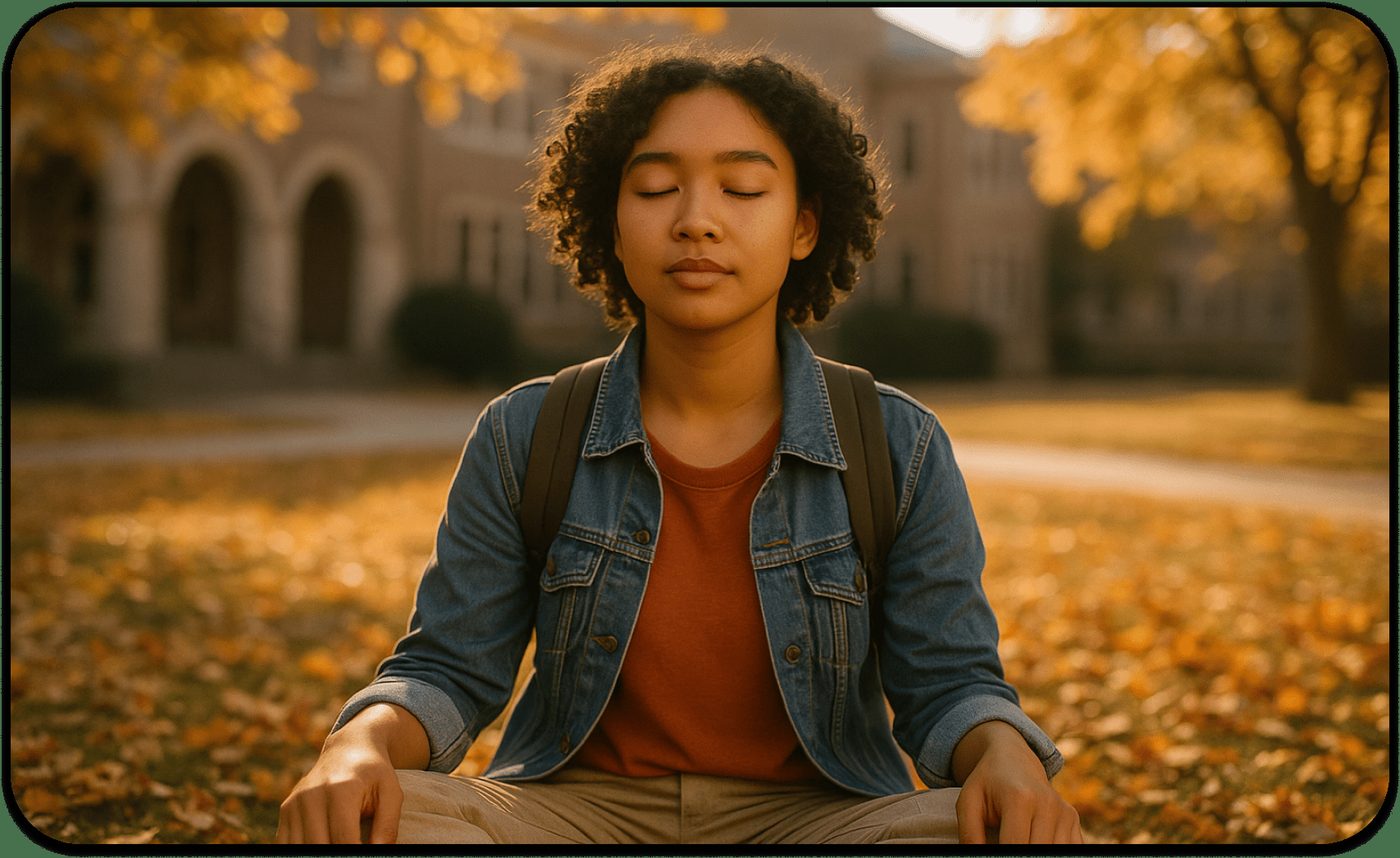 A young person with curly hair, wearing a denim jacket and backpack, sits cross-legged outdoors on autumn leaves, eyes closed, calmly meditating and managing emotions in college, in front of a building surrounded by fall foliage.