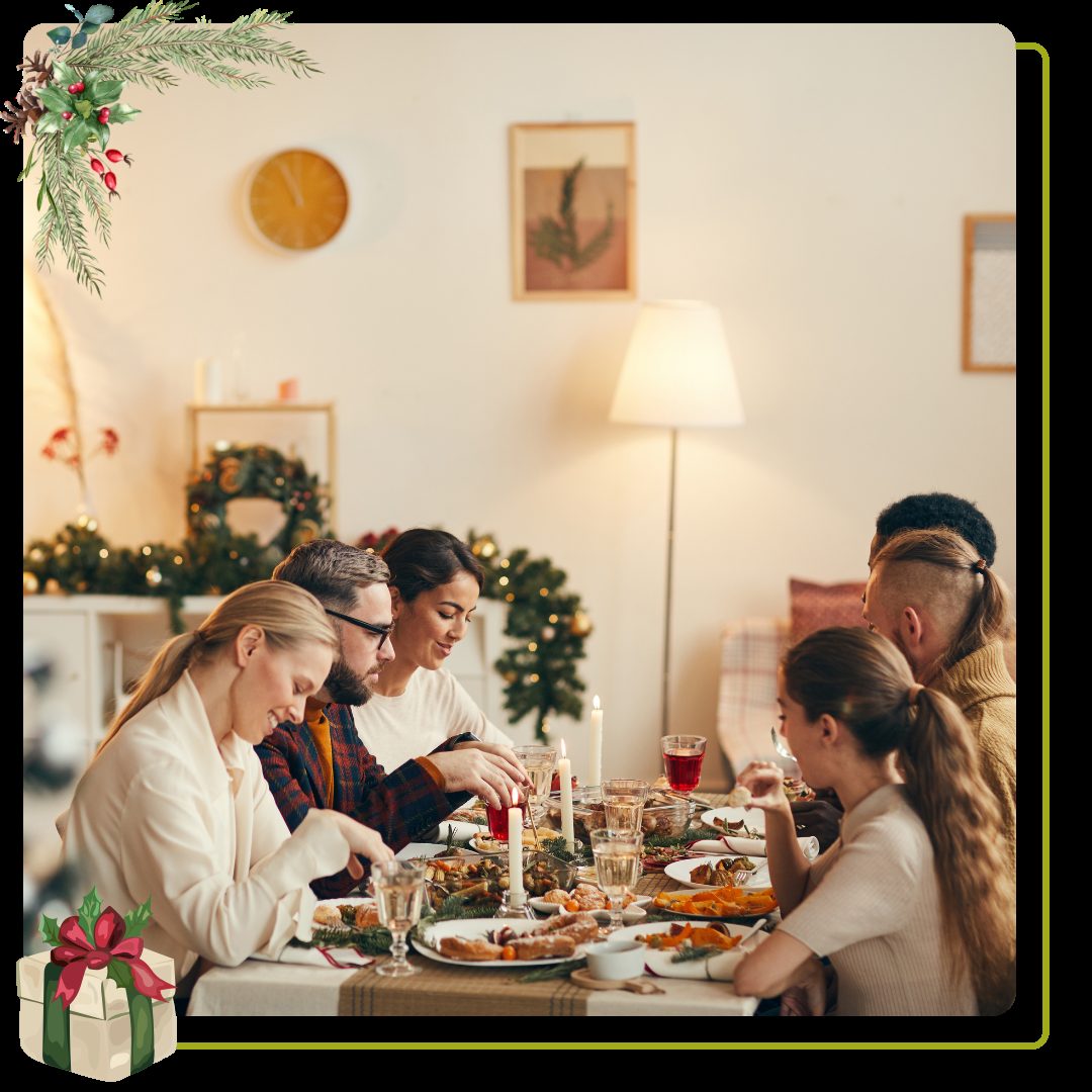 people celebrating Christmas sitting at dinner table in elegant dining room