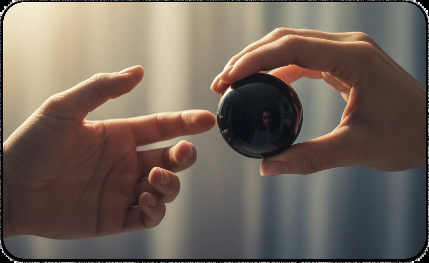 Two hands reaching toward a black reflective sphere, symbolizing self-reflection and emotional clarity in healing from narcissistic relationship patterns.