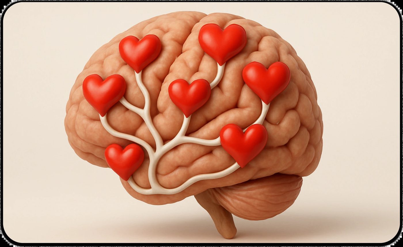 Realistic brain with heart-shaped neural pathways showing how love fades in the brain
